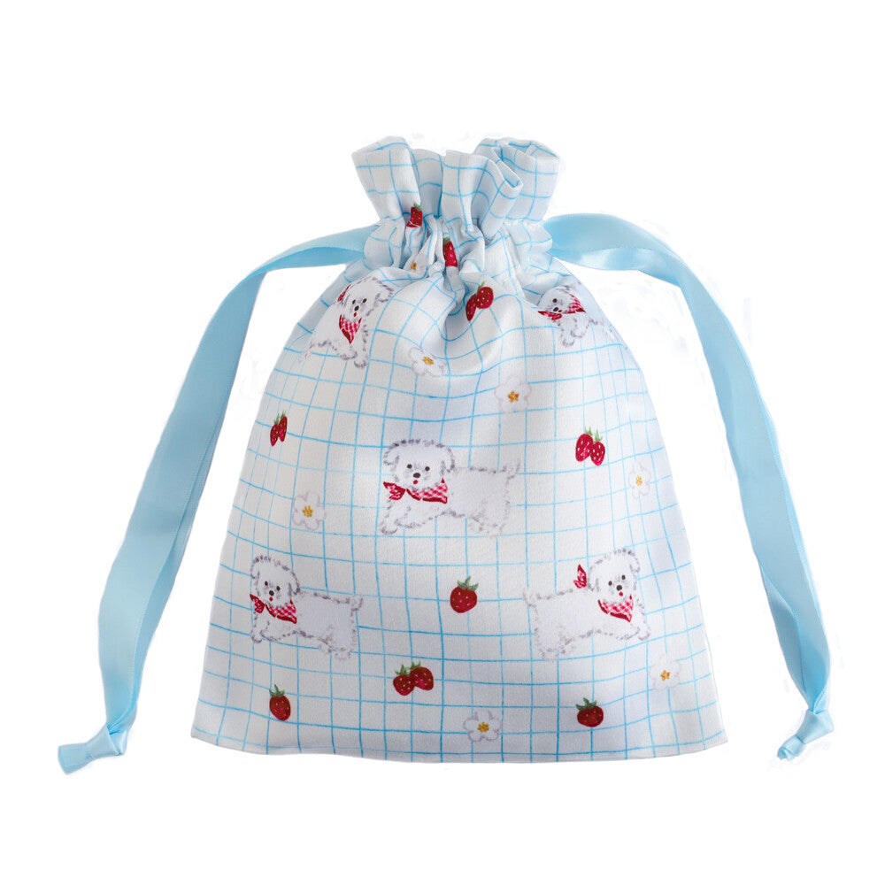 Haruka Toshimitsu 利光春華 Satin Drawstring Pouch -Strawberry Dog