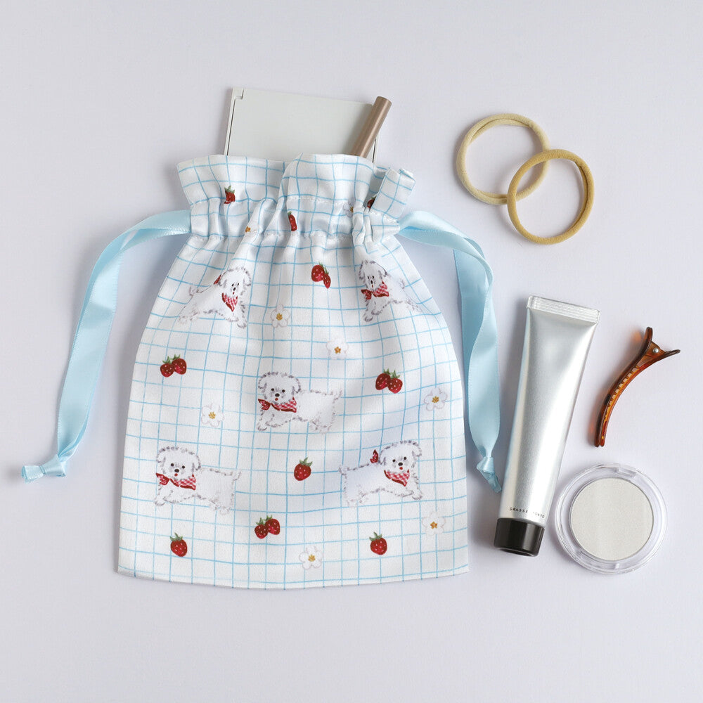 Haruka Toshimitsu 利光春華 Satin Drawstring Pouch -Strawberry Dog