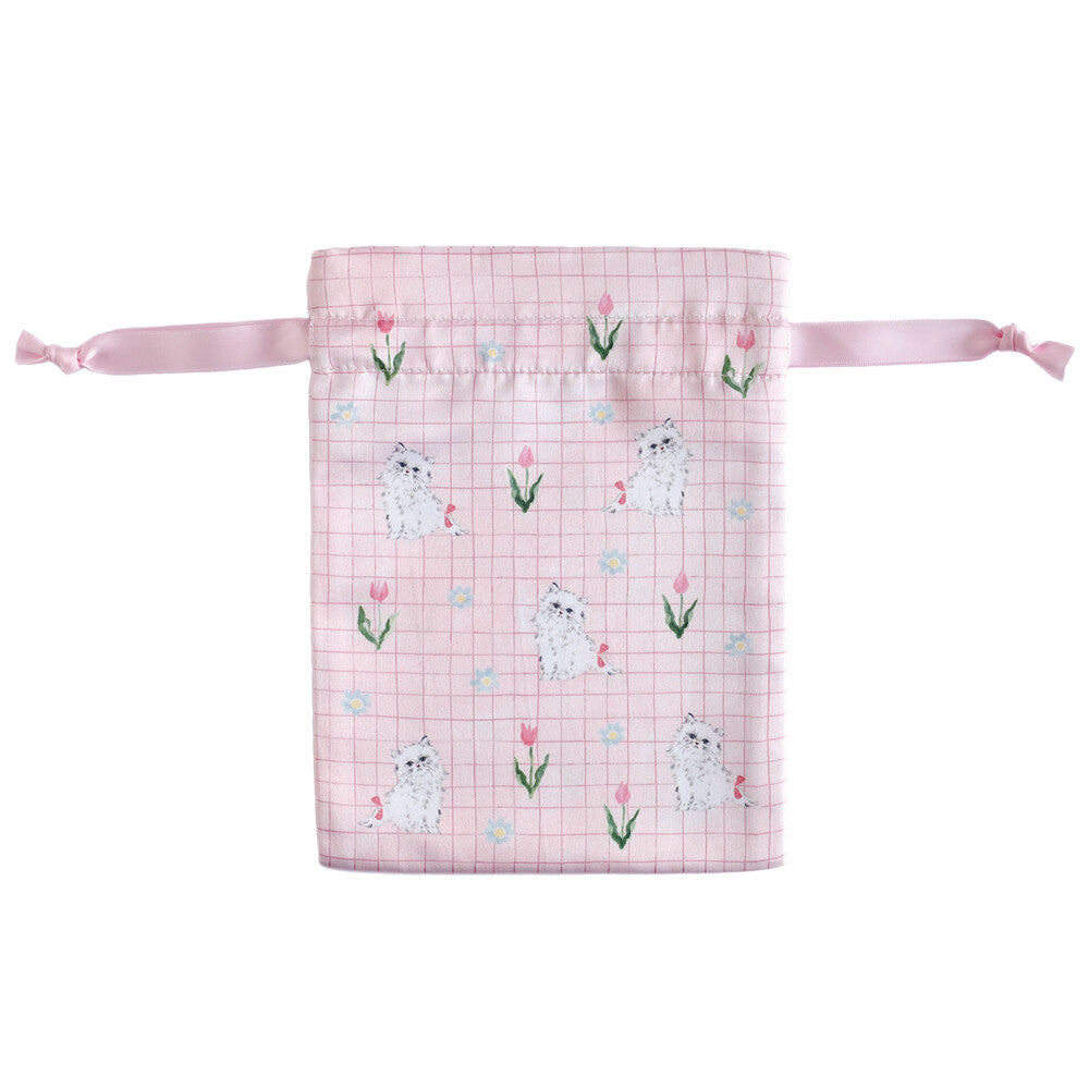 Haruka Toshimitsu 利光春華 Satin Drawstring Pouch - Tulip Cat