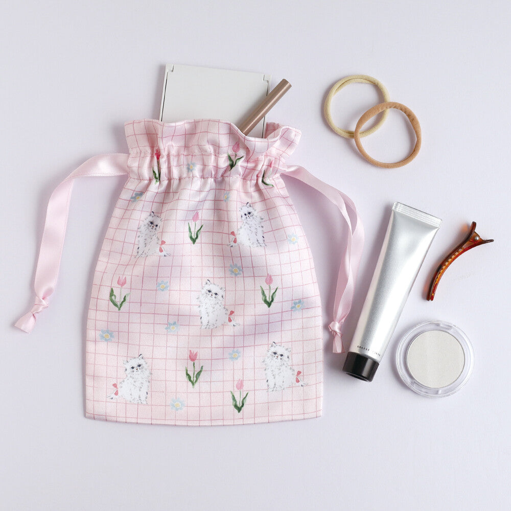 Haruka Toshimitsu 利光春華 Satin Drawstring Pouch - Tulip Cat
