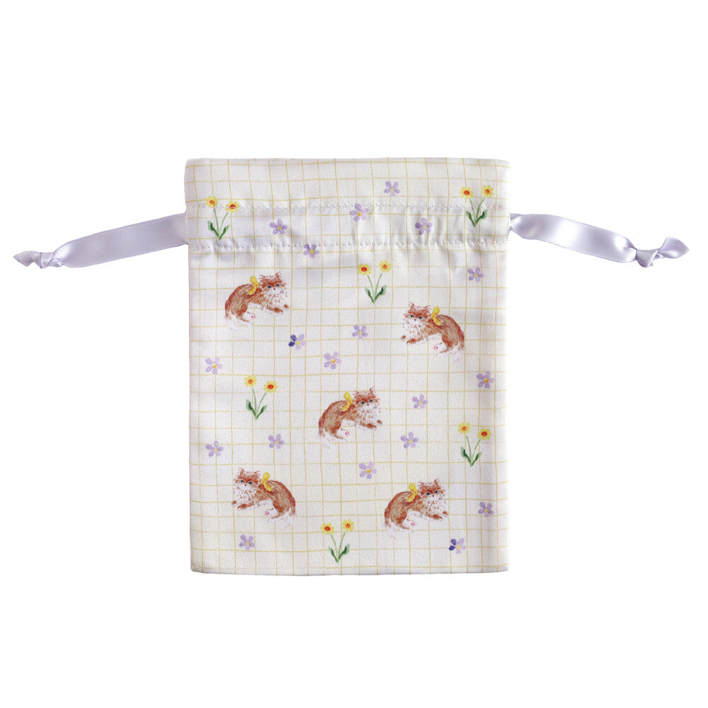 Haruka Toshimitsu 利光春華 Satin Drawstring Pouch - Yellow Ribbon Cat