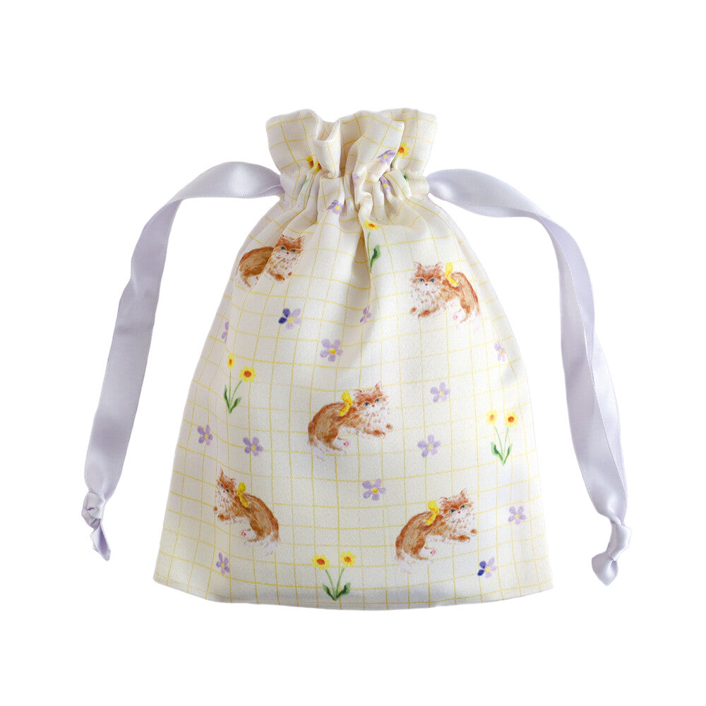 Haruka Toshimitsu 利光春華 Satin Drawstring Pouch - Yellow Ribbon Cat
