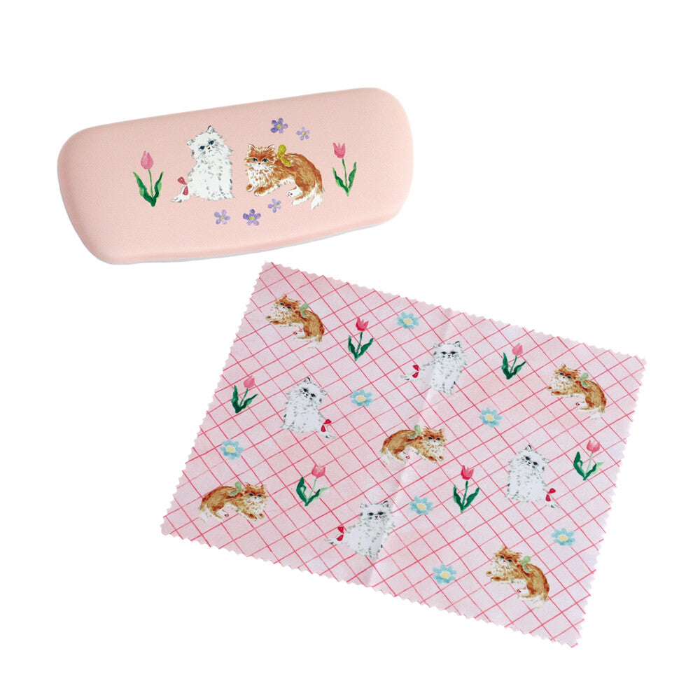 Haruka Toshimitsu 利光春華 Glasses Case with cloth 眼鏡盒連抹布 - Tulip Cat & Yellow Ribbon Cat