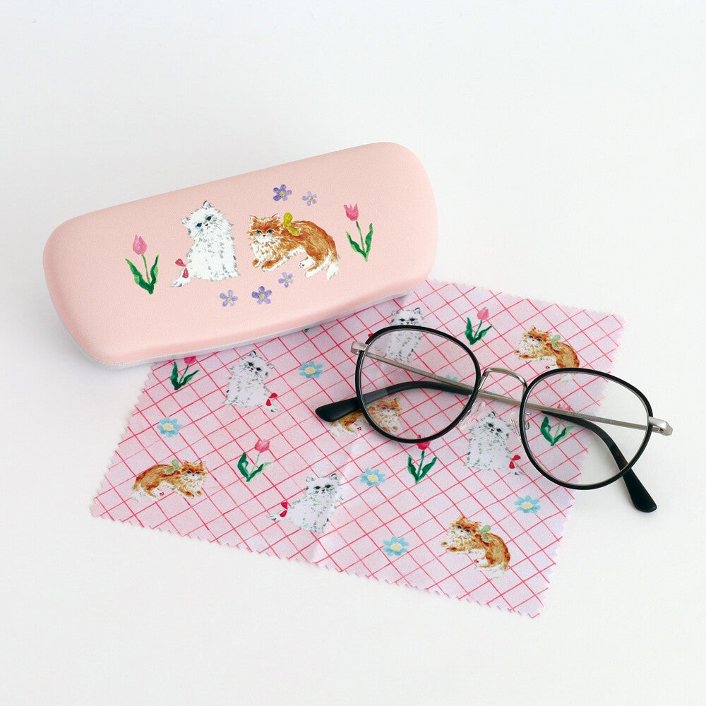 Haruka Toshimitsu 利光春華 Glasses Case with cloth 眼鏡盒連抹布 - Tulip Cat & Yellow Ribbon Cat