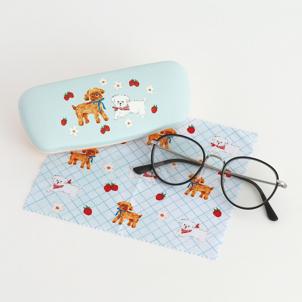 Haruka Toshimitsu 利光春華 Glasses Case with cloth 眼鏡盒連抹布 - Strawberry Dog & Blue Ribbon Dog