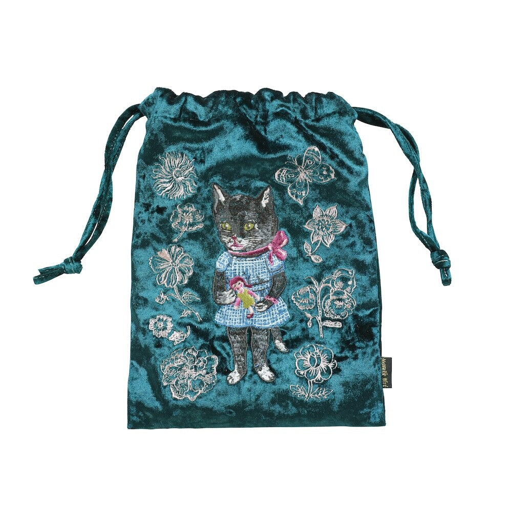 Nathalie Lete Velour Drawstring Pouch - Black Cat