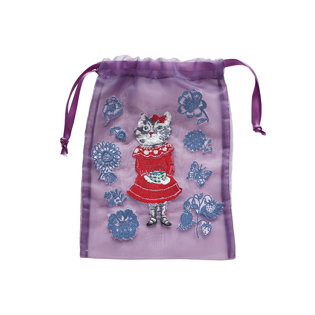 Nathalie Lete Organdy Drawstring Bag - Purple / Grey Cat
