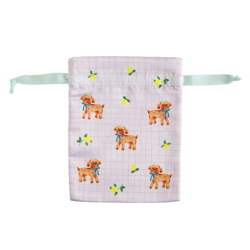 Haruka Toshimitsu 利光春華 Satin Drawstring Pouch - Blue Ribbon Dog