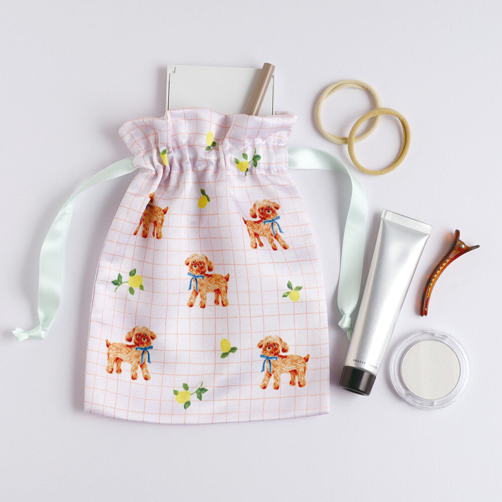 Haruka Toshimitsu 利光春華 Satin Drawstring Pouch - Blue Ribbon Dog